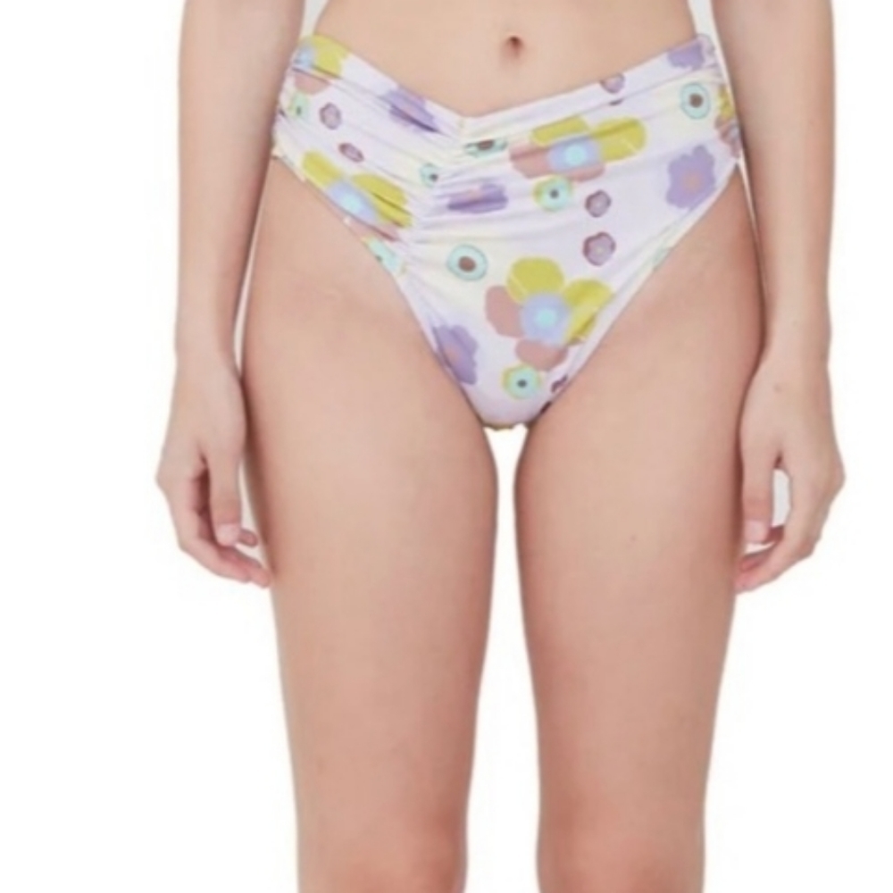 Beth Richards Swim Bottom Womens M Delrey Floral‎ 70s Ruched Side High Waisted